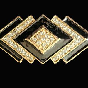 ART DECO Pin with Black Enamel Goldtone & Rhinestones